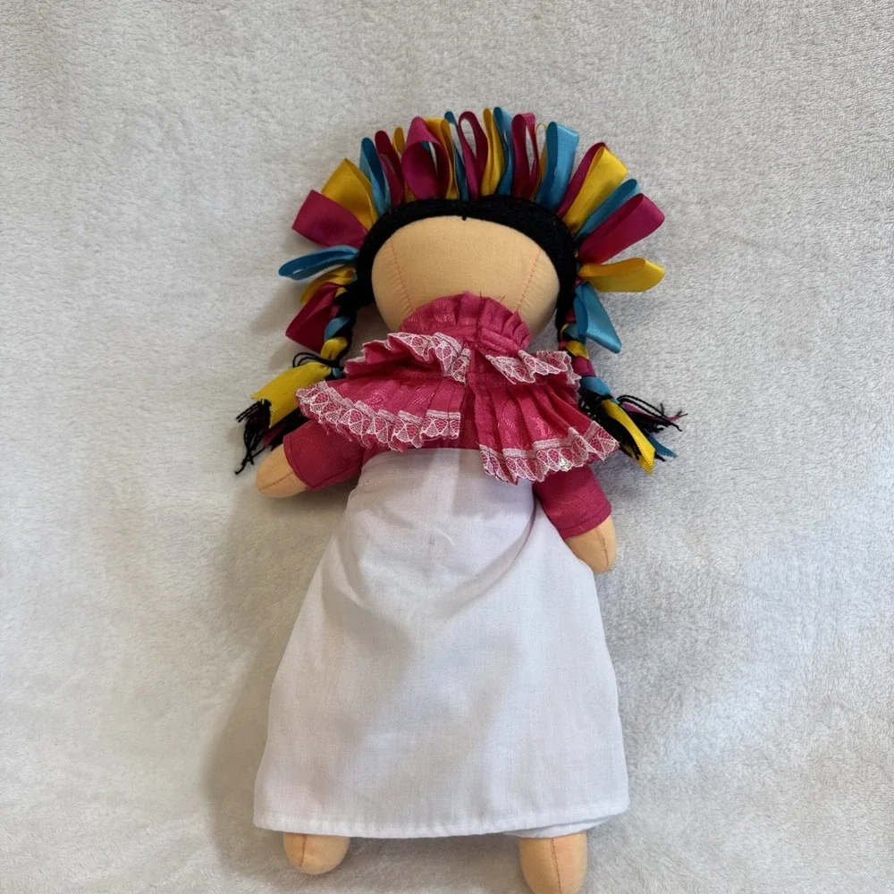 Handmade Folk Art Doll Mexican Inspired Textile Doll Colorful Ribbon‎ Hair Dress